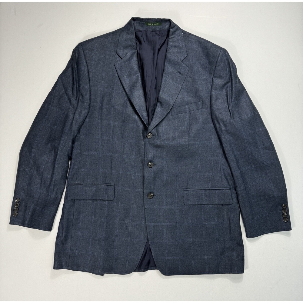 Lauren Ralph Lauren Men 44L Silk Wool Blazer Navy Windowpane Plaid Suit Jacket